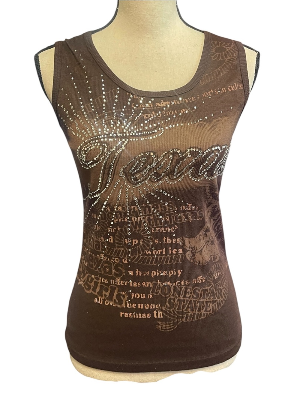 Vintage Y2K 2000 McBling Graphic Rhinestone Texas Tank Top Cowgirl Nightout S